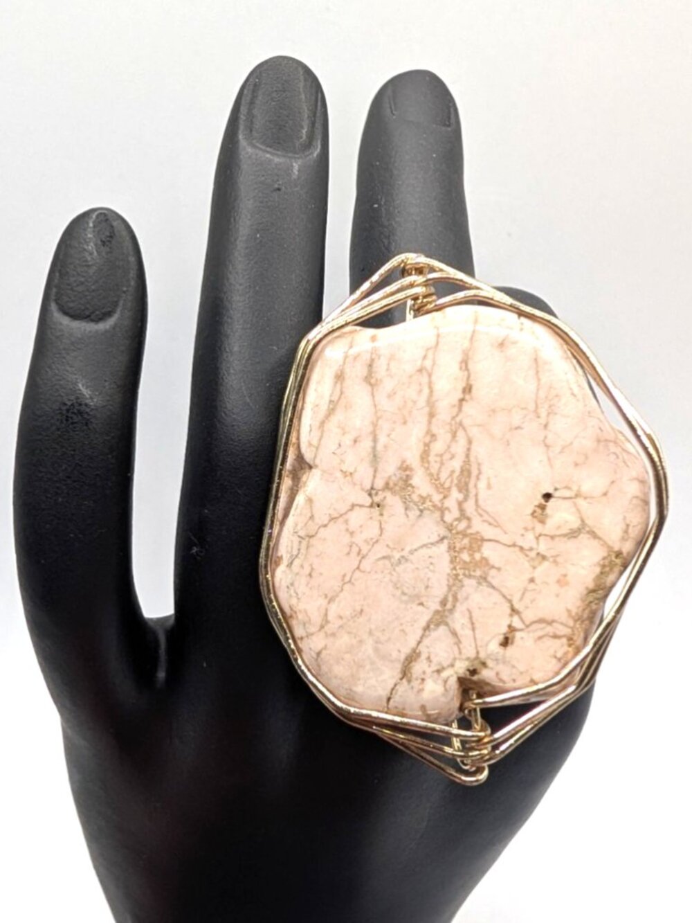 Handmade OOAK Quartz Wire Wrapped Ladies Statement Ring Sz 8 Pink/Brown 2 x 1.5"